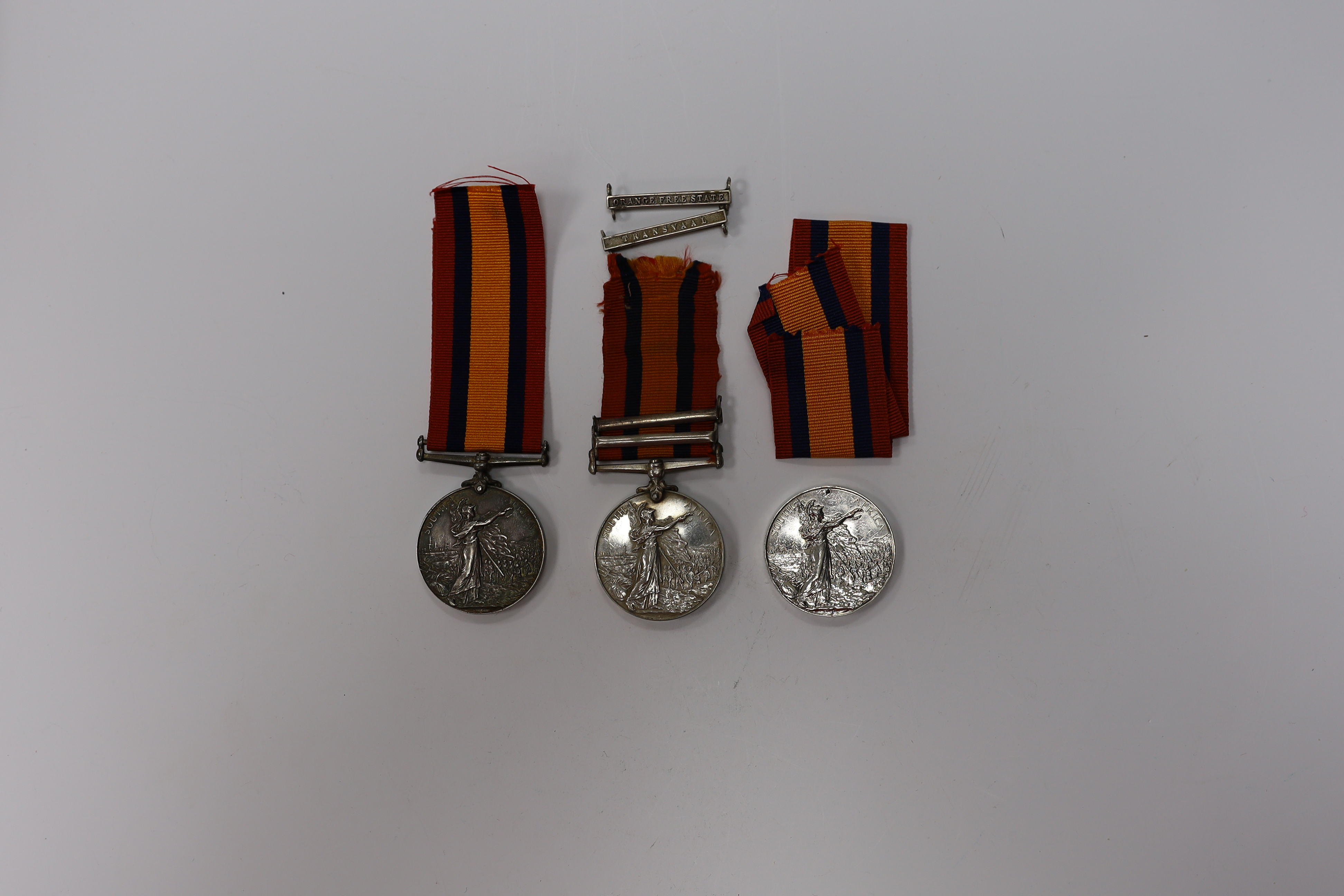 Three Queen's South Africa Medals; Trans & CC to 493 Tpr. T.R.Keegan, W.Prov.M.R.; part erased to 642 Pte E.Boyce Quuenstown Rifle Vol and disc only with Trans and OFS to 2234 Pte J.Martin4th Batt Highland Lt Infy